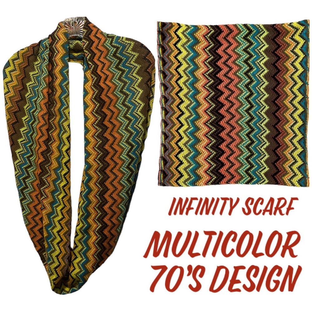 Vintage 70s Scarf Knit Multicolored Psychedelic Infinity Neck Wrap Retro Chevron